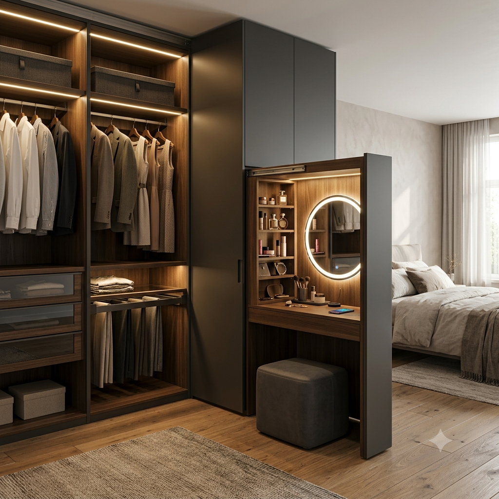Floor to ceiling smart wardrobe with pull out vanity, a complete floor-to-ceiling storage solution that conceals an integrated makeup and grooming station within its structure